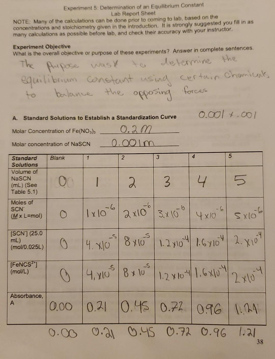 Experiment 5 Determination Of An Equilibrium Constant Lab Report Sheet Note Many Of The Calculations Can Be Done Prior 1