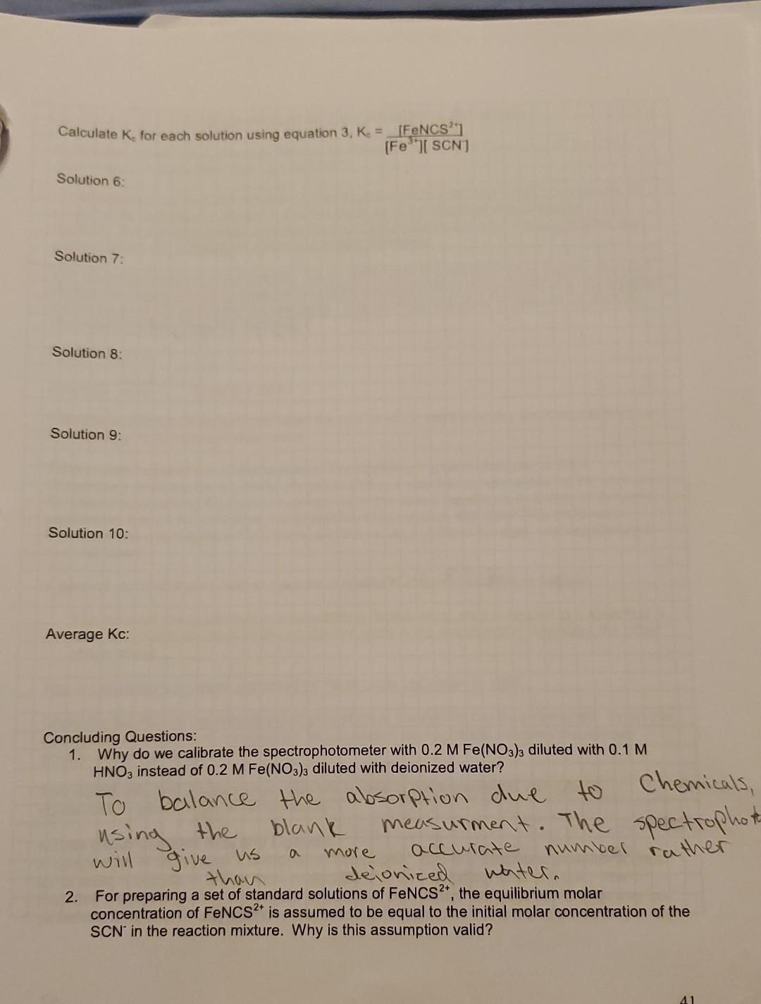 Experiment 5 Determination Of An Equilibrium Constant Lab Report Sheet Note Many Of The Calculations Can Be Done Prior 4
