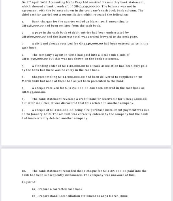 2 On 24 April 2022 Accounting Made Easy Ltd Received Its Monthly Bank Statement Which Showed A Bank Overdraft Of Gh 2 1 1