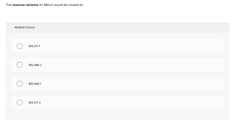 The Revenue Variance For March Would Be Closest To Multiple Choice 14 317 F 15 388 U O O 15 388 F 14 317 U O Chec 1