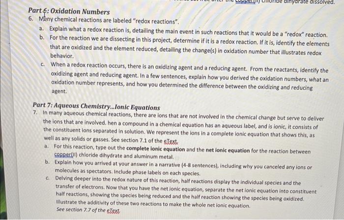 Part 4 Oxidation Numbers 6 Meny Chemical Reactions Are Labeled Redox Reactions Inyarate Dissolved A Explain What 1