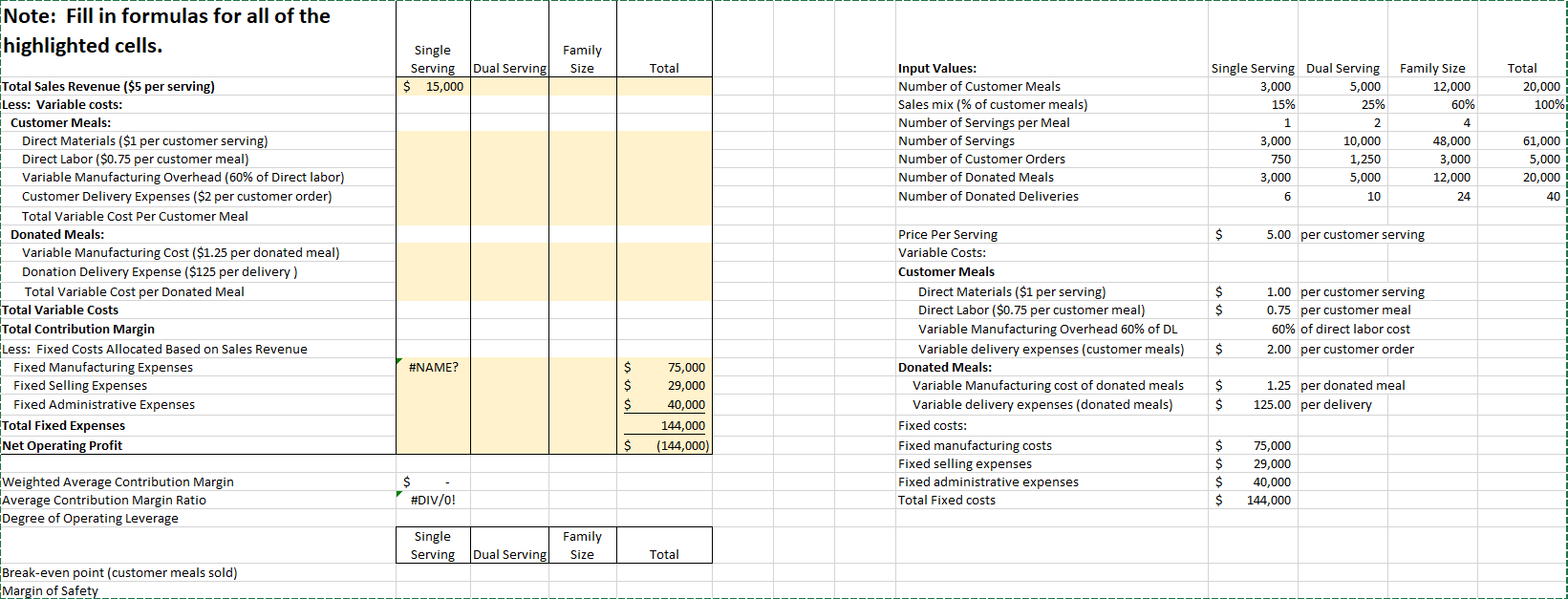 Note Fill In Formulas For All Of The Highlighted Cells Single Serving Dual Serving 15 000 Family Size Total Total 20 1