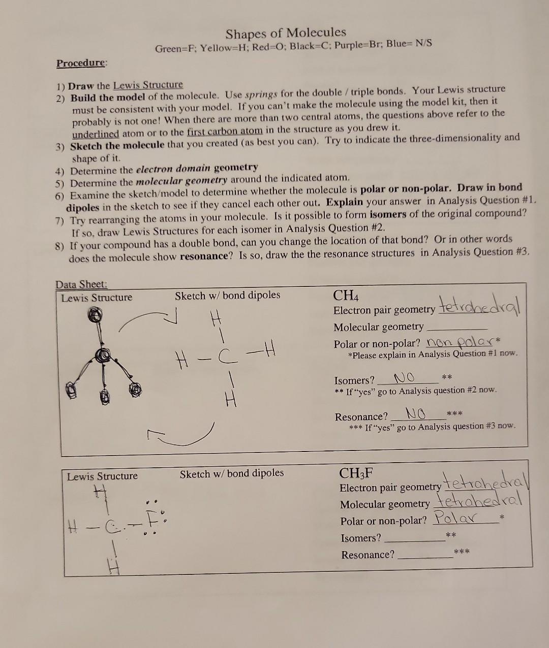 Procedure 1 Draw The Lewis Structure 2 Build The Model Of The Molecule Use Springs For The Double Triple Bonds Yo 1