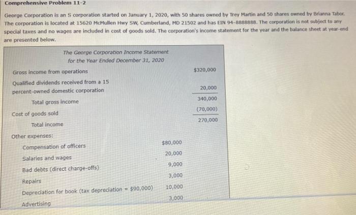 Comprehensive Problem 11 2 George Corporation Is An Scorporation Started On January 1 2020 With 50 Shares Owned By Tre 1