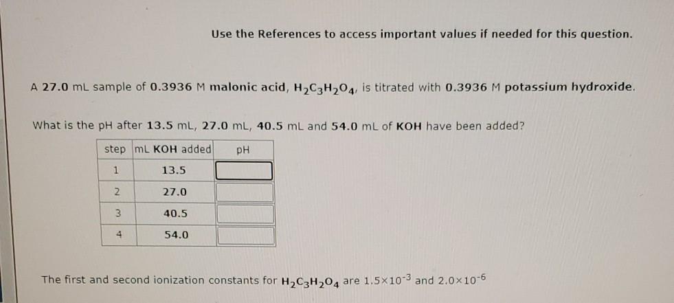 A 27 0 Ml Sample Of 0 3936 M Malonic Acid H C3h2o4 Is Titrated With 0 3936 M Potassium Hydroxide What Is The Ph After 1