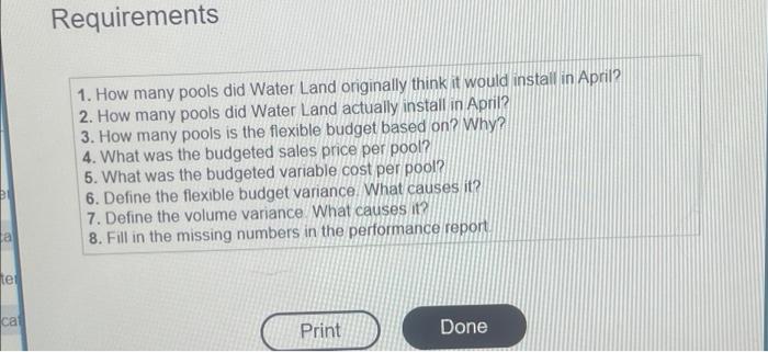 The Following Is A Partially Completed Performance Report For Water Land Volume Of Units On Which They Are Based Therefo 3