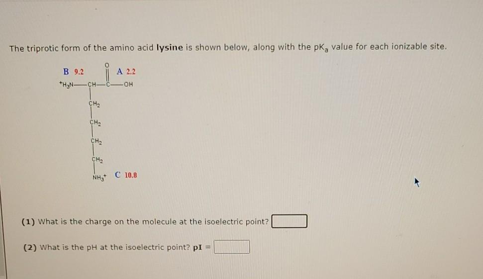 The Triprotic Form Of The Amino Acid Lysine Is Shown Below Along With The Pk Value For Each Ionizable Site B 9 2 H N 1