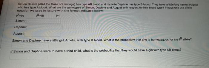 Simon Basset Aka The Duke Of Hastings Has Type Ab Blood And His Wife Daphne Has Type B Blood They Have A Little Boy N 1