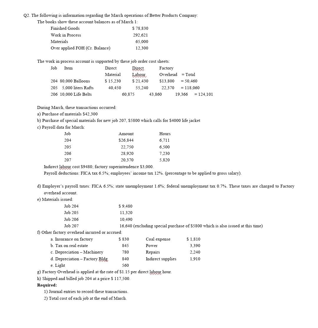 Q2 The Following Is Information Regarding The March Operations Of Better Products Company The Books Show These Account 1