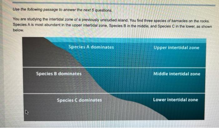 Use The Following Passage To Answer The Next 5 Questions You Are Studying The Intertidal Zone Of A Previously Unstudied 1