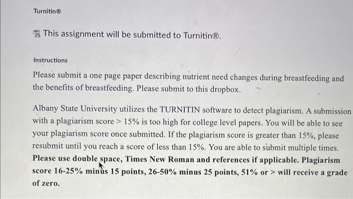Turnitin This Assignment Will Be Submitted To Turnitin Instructions Please Submit A One Page Paper Describing Nutrien 1