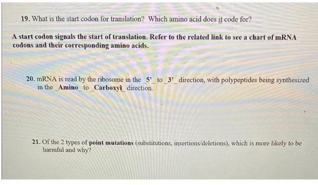 19 What Is The Start Codon For Translation Which Amino Acid Does It Code For A Start Codon Signals The Start Of Trans 1