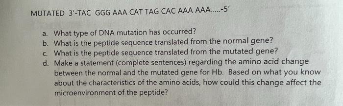 Mutated 3 Tac Ggg Aaa Cat Tag Cac Aaa Aaa 5 A What Type Of Dna Mutation Has Occurred B What Is The Peptide Seq 1
