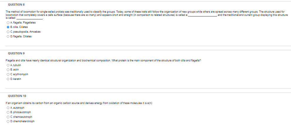 Question 8 The Method Of Locomotion For Single Celled Protists Was Traditionally Used To Classify The Groups Today Som 1