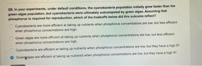 Q9 In Your Experiments Under Default Conditions The Cyanobacteria Population Initially Grew Faster Than The Green Alg 1