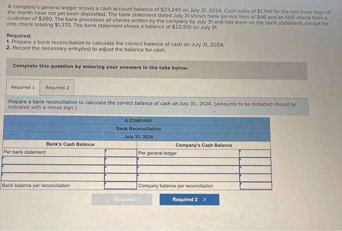 A Company S General Ledger Shows A Cash Account Balance Of 23 240 On July 31 2024 Cosh Sales Of 1794 For The Last Th 1