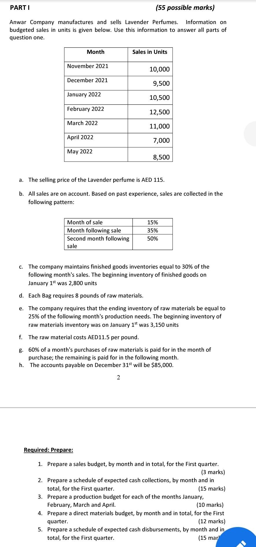 Parti 55 Possible Marks Anwar Company Manufactures And Sells Lavender Perfumes Information On Budgeted Sales In Units 1