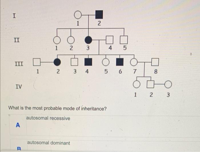 I Ii Iii Iv A 2 R 1 3 What Is The Most Probable Mode Of Inheritance Autosomal Recessive Autosomal Dominant 2 1 2 3 4 5 1