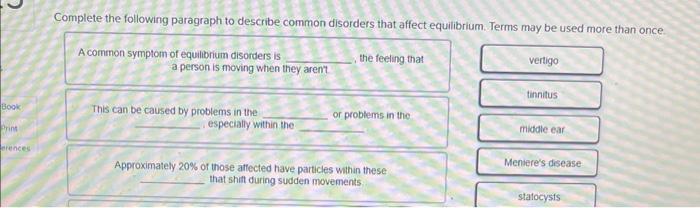 Book Print Erences Complete The Following Paragraph To Describe Common Disorders That Affect Equilibrium Terms May Be U 1