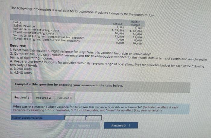 The Following Information Is Available For Brownstone Products Company For The Month Of July Master Units Actual Budget 1