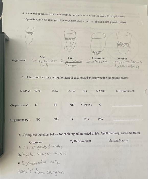 6 Draw The Appearance Of A Thio Broth For Organisms With The Following O Requirement If Possible Give An Example Of 1