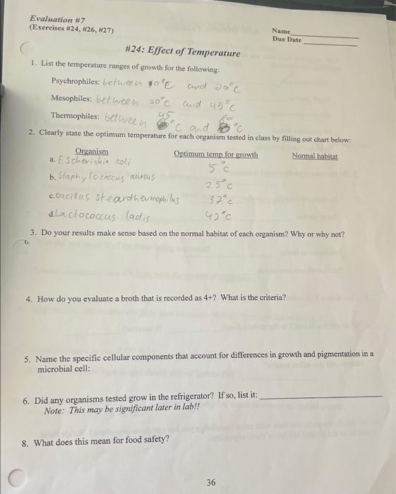 Evaluation 7 Exercises 24 26 27 24 Effect Of 1 List The Temperature Ranges Of Growth For The Following Psyc 1