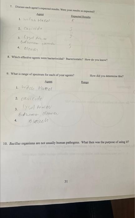 7 Discuss Each Agent S Expected Results Were Your Results As Expected Expected Results R 2 Cavioide 3 Lysol Pow Bath 1