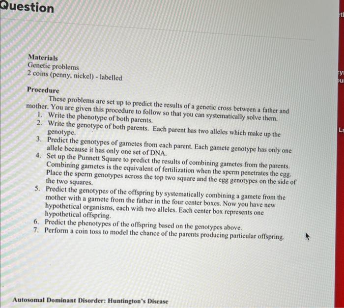 Question Materials Genetic Problems 2 Coins Penny Nickel Labelled Procedure These Problems Are Set Up To Predict Th 1