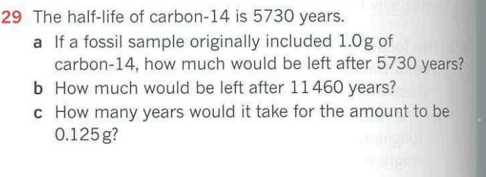 29 The Half Life Of Carbon 14 Is 5730 Years A If A Fossil Sample Originally Included 1 0g Of Carbon 14 How Much Would 1