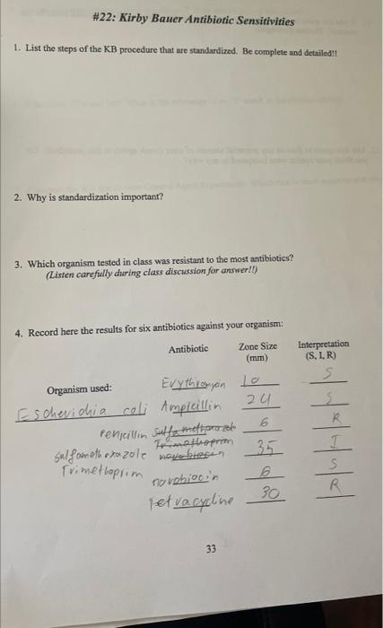 22 Kirby Bauer Antibiotic Sensitivities 1 List The Steps Of The Kb Procedure That Are Standardized Be Complete And D 1