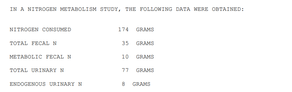 In A Nitrogen Metabolism Study The Following Data Were Obtained Nitrogen Consumed Total Fecal N Metabolic Fecal N Tota 1