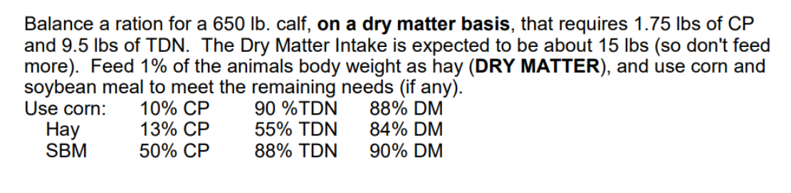 Balance A Ration For A 650 Lb Calf On A Dry Matter Basis That Requires 1 75 Lbs Of Cp And 9 5 Lbs Of Tdn The Dry Mat 1