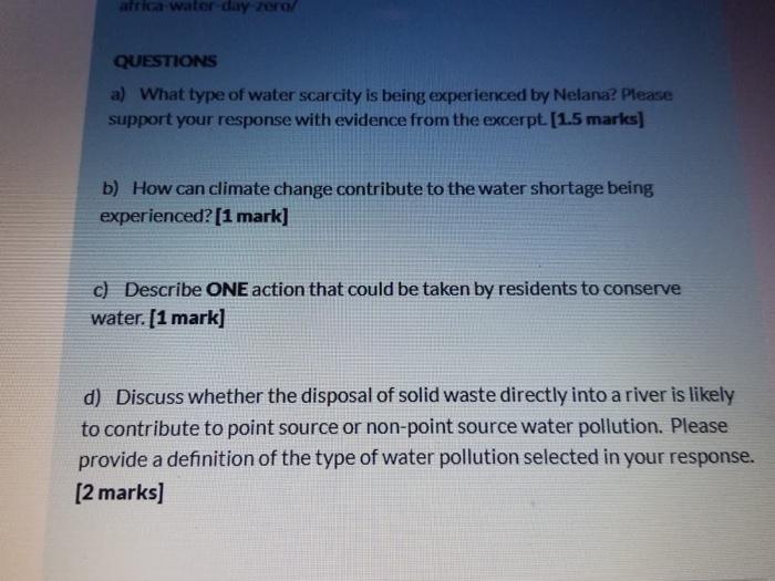 Africa Water Day Zero Questions A What Type Of Water Scarcity Is Being Experienced By Nelana Please Support Your Resp 1