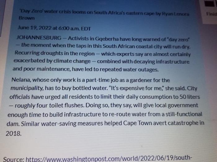 Africa Water Day Zero Questions A What Type Of Water Scarcity Is Being Experienced By Nelana Please Support Your Resp 2