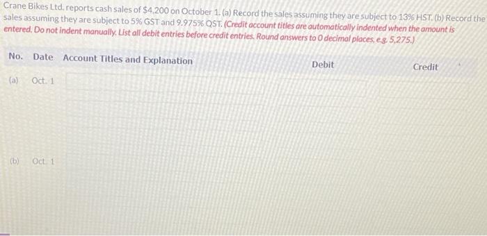 Crane Bikes Ltd Reports Cash Sales Of 4 200 On October 1 A Record The Sales Assuming They Are Subject To 13 Hst B 1