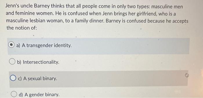 Jenn S Uncle Barney Thinks That All People Come In Only Two Types Masculine Men And Feminine Women He Is Confused When 1