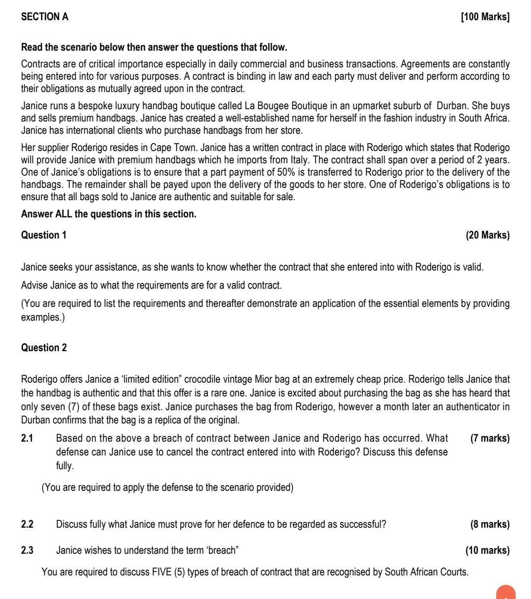 Section A Read The Scenario Below Then Answer The Questions That Follow Contracts Are Of Critical Importance Especially 1
