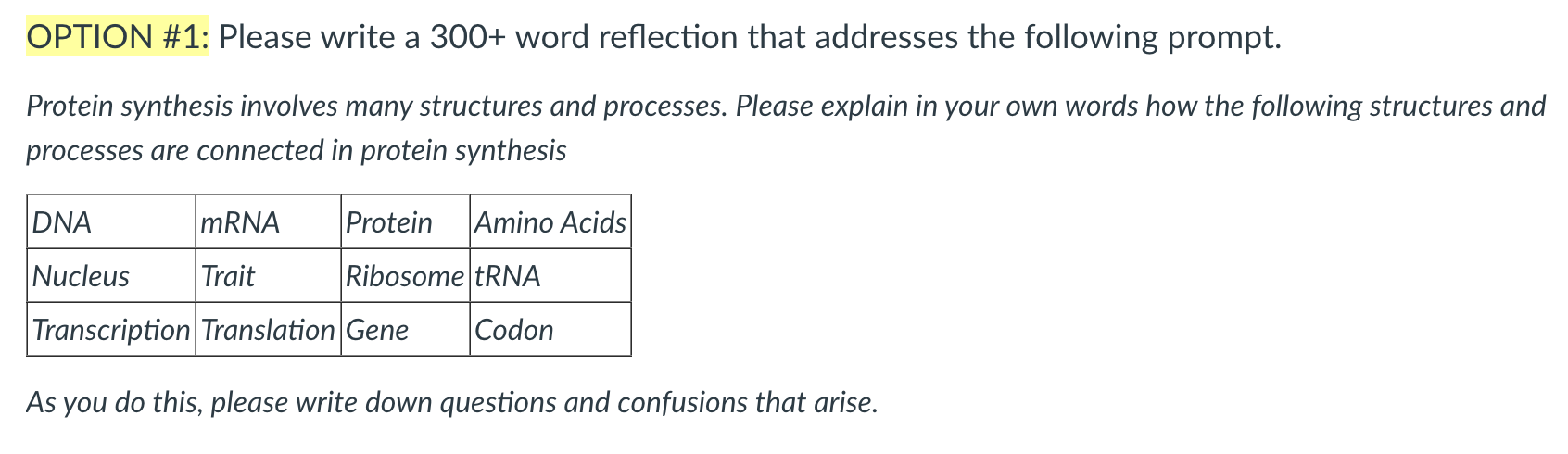 Option 1 Please Write A 300 Word Reflection That Addresses The Following Prompt Protein Synthesis Involves Many Stru 1