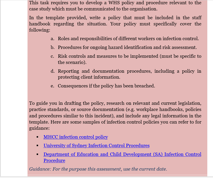 This Task Requires You To Develop A Whs Policy And Procedure Relevant To The Case Study Which Must Be Communicated To Th 1