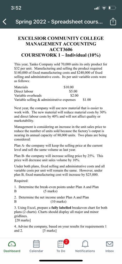 3 52 Spring 2022 Spreadsheet Cours Excelsior Community College Management Accounting Acct3606 Coursework 1 Indivi 1
