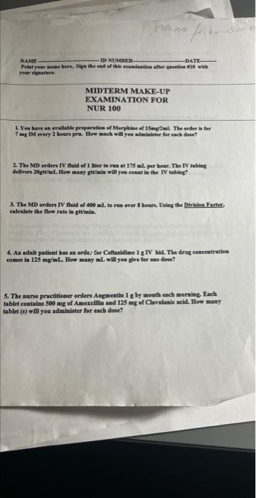Fiado Name Id Number Date Print Your Name Here Sign The End Of This Examination After Tion 10 With Your Signature 1