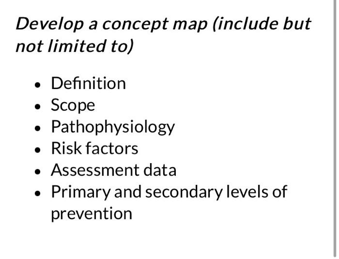 Develop A Concept Map Include But Not Limited To Definition Scope Pathophysiology Risk Factors Assessment Data P 1