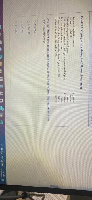 Hewlett Company Is Considering The Following Investment Estimated Capital Event Estimated Useful Life Estamated Diapool 1