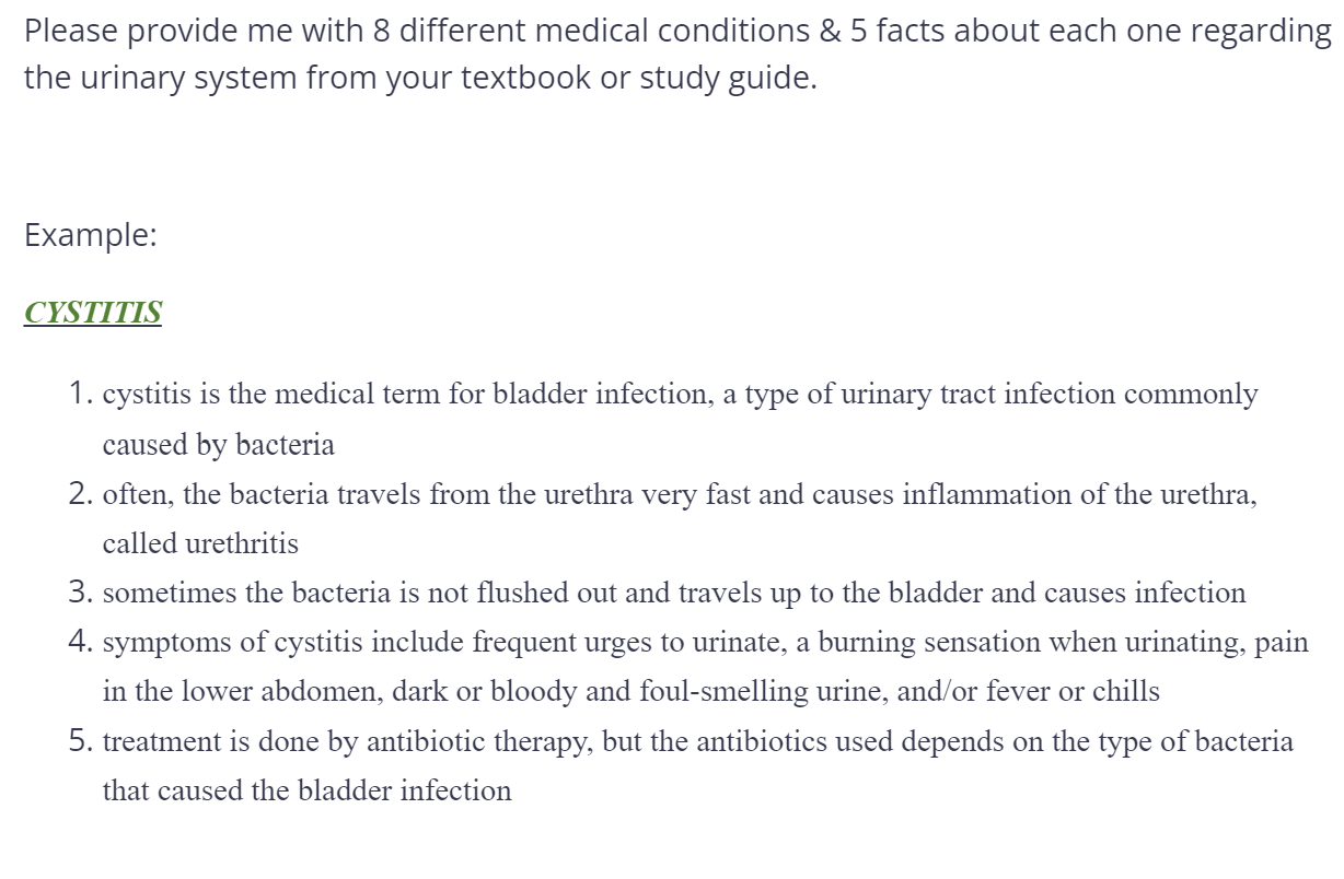 Please Provide Me With 8 Different Medical Conditions 5 Facts About Each One Regarding The Urinary System From Your Te 1