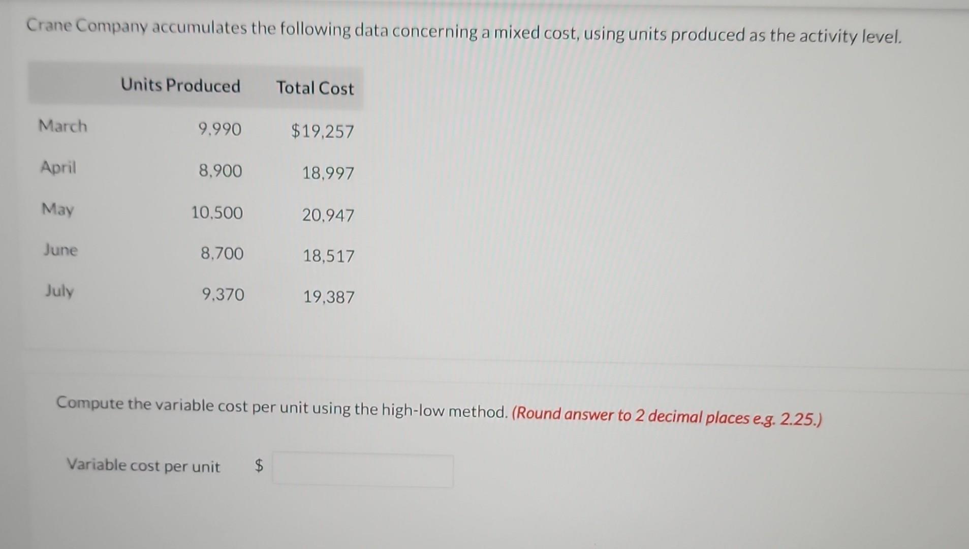 Crane Company Accumulates The Following Data Concerning A Mixed Cost Using Units Produced As The Activity Level Units 1
