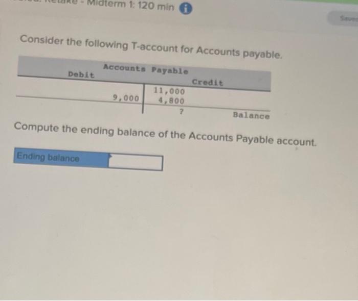 Rm 1 120 Min 0 Consider The Following T Account For Accounts Payable Debit Accounts Payablo Credit 11 000 9 000 4 800 1