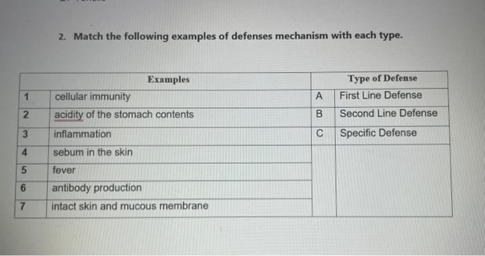 1 2 3 4 5 6 7 2 Match The Following Examples Of Defenses Mechanism With Each Type Examples Cellular Immunity Acidity O 1