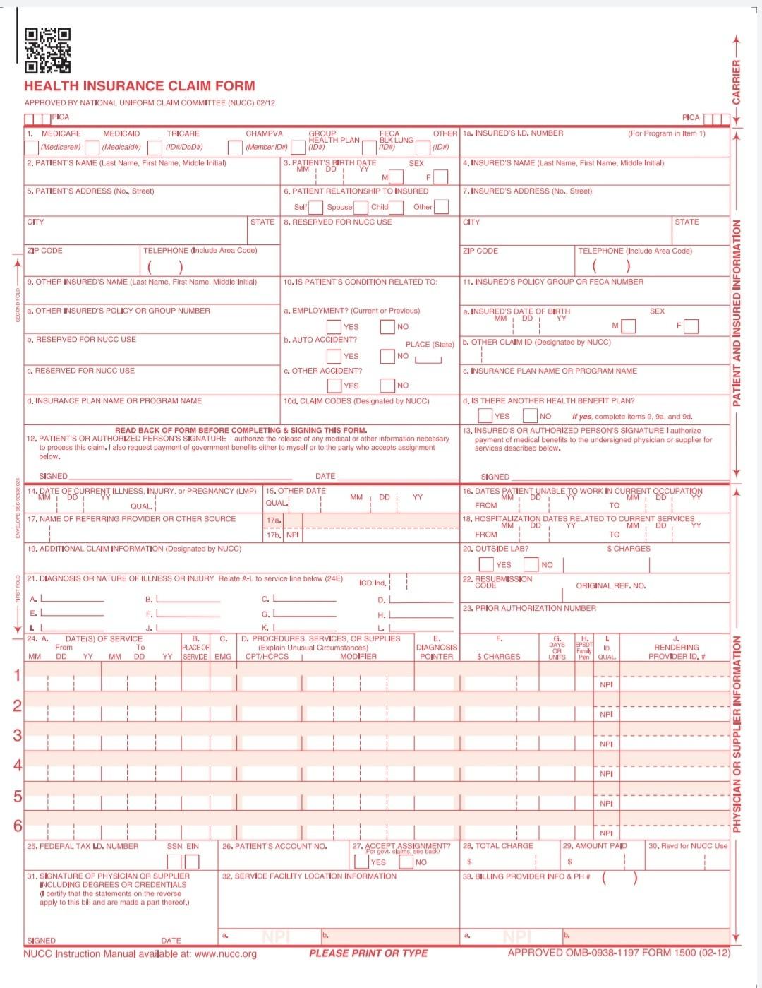Health Insurance Claim Form Approved By National Uniform Claim Committee Nucc 02 12 1 2 3 4 5 6 Pica 1 Medicare Medic 1