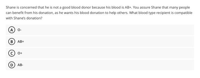 Question 1 After Losing Blood Karen Needs A Blood Transfusion Her Blood Is O Which Donor Blood Is Compatible A Ab 6