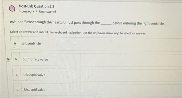 Post Lab Question 5 3 Homework Unanswered As Blood Flows Through The Heart It Must Pass Through The Select An Answer An 1